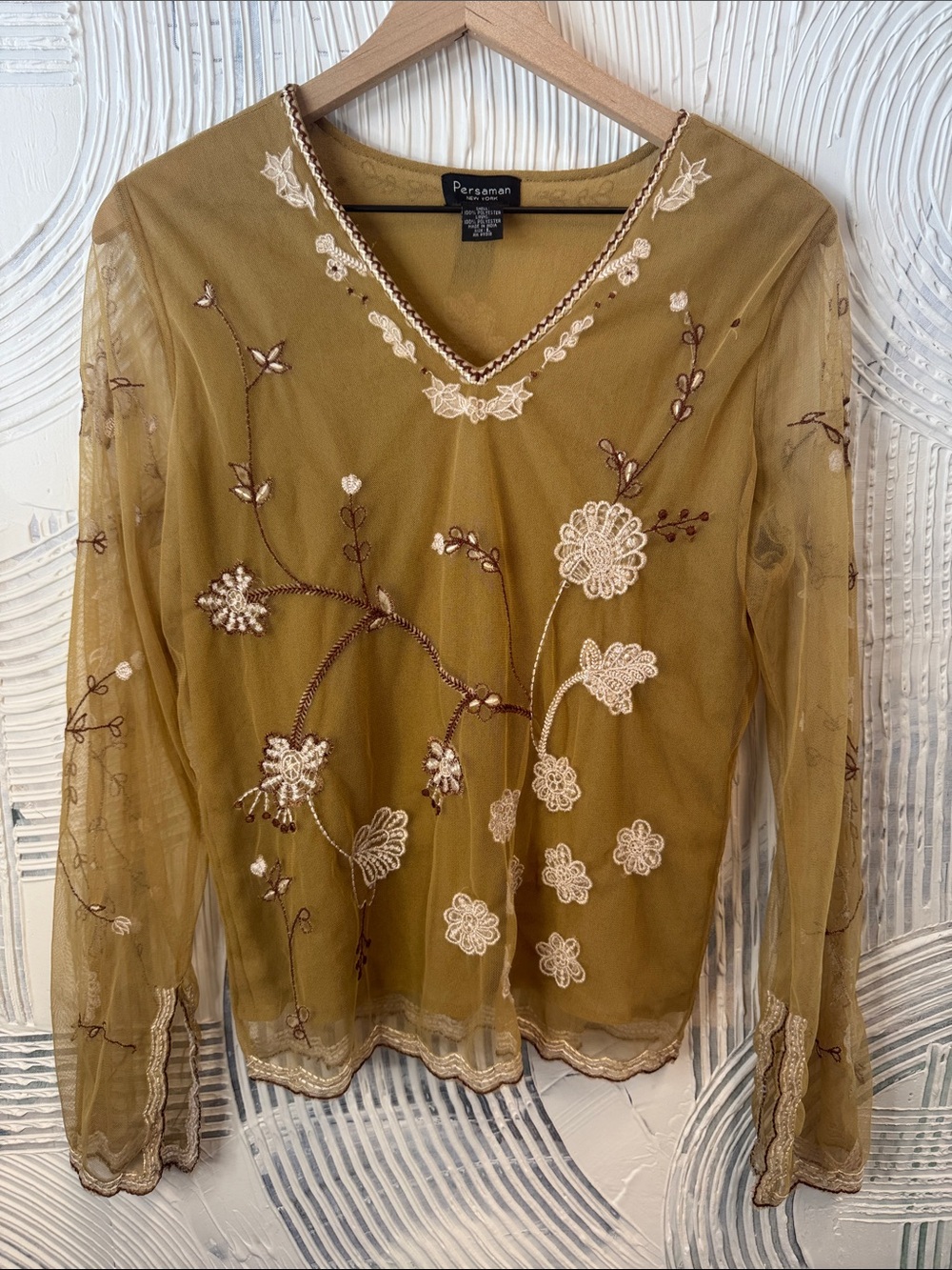 Persaman New York Olive & Cream Embroidered Sheer V-Neck Top N0436
